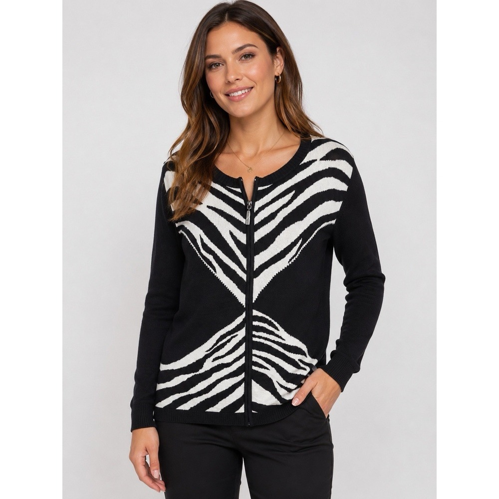 Jones‎ New York Zebra Print Zip Front Cardigan Sweater Black White Large